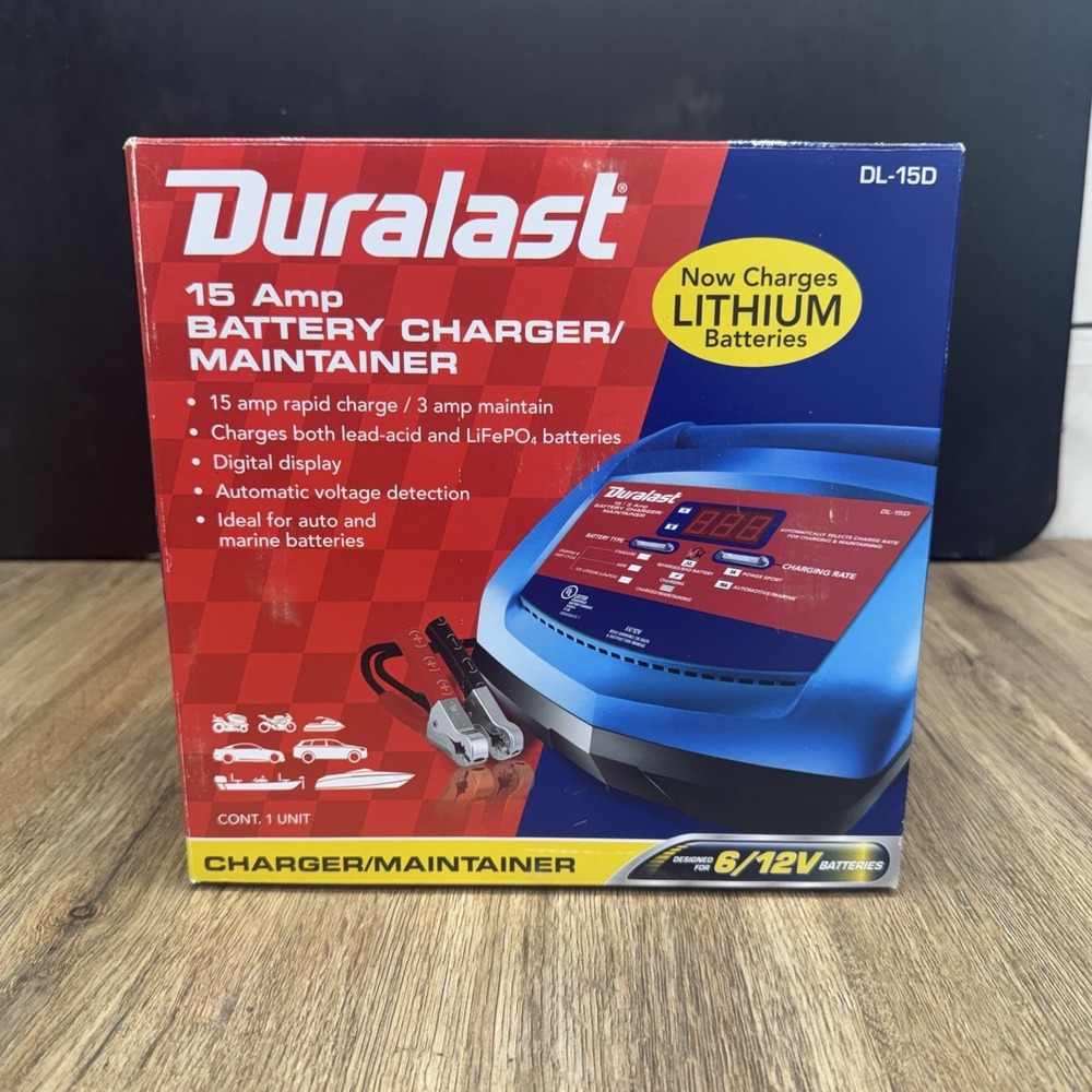 Duralast DL-15D 15A Battery Charger Maintainer 6/12V Lithium AGM Gel Auto Marine